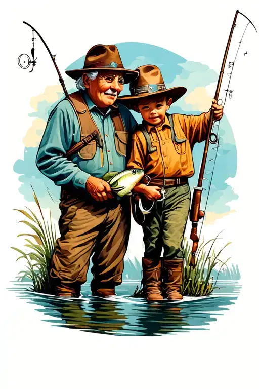 grandma and grandson fishing tattoo design idea