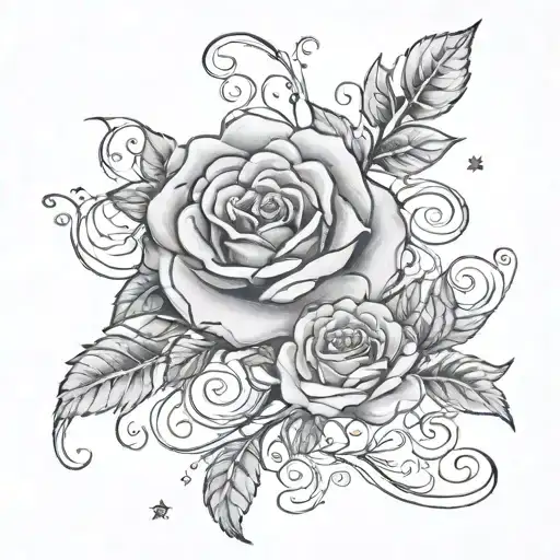 stars and galaxies swirling with rose vines  tattoo design idea