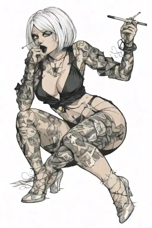 Sexy girl, Huge cleavage, petite, torn clothing, short white bob hairstyle, smoking a cigarette in mouth, thick thighs tattoo design idea