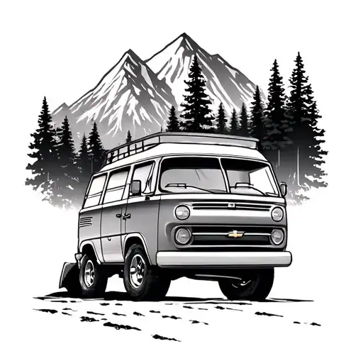 chevy van and mountain forest scene tattoo design idea