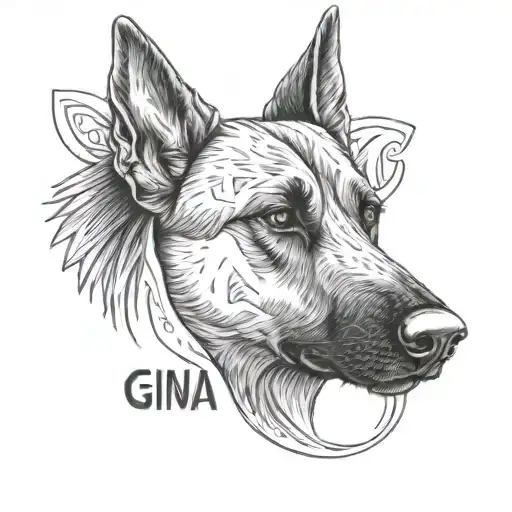 Malinois head with the letters GINA in Maohi style tattoo design idea