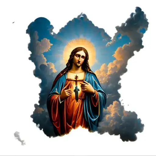 virgen mary with san judas tadeo with clouds forming the shape tattoo design idea