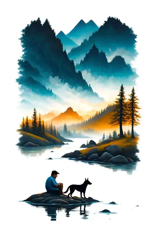 mountains river trees with man and dog sitting tattoo design idea