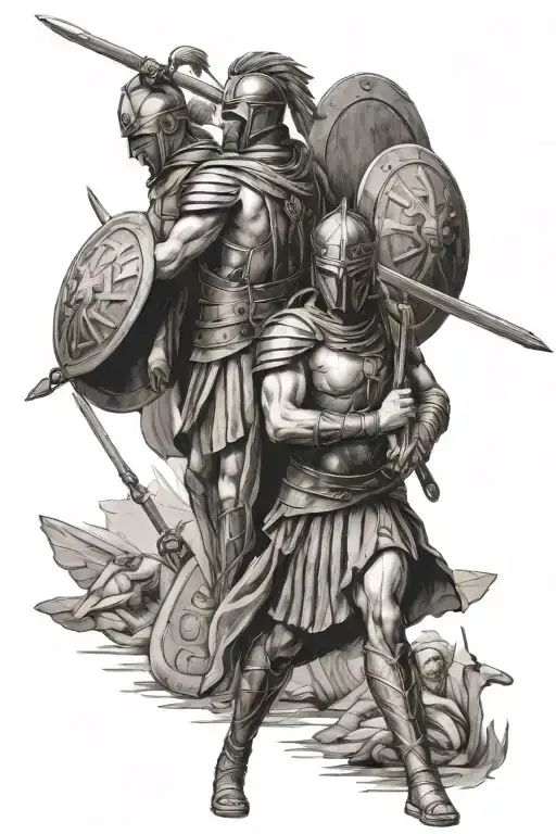 Ancient Greek soldiers stand on the battlefield with swords and shields. tattoo design idea