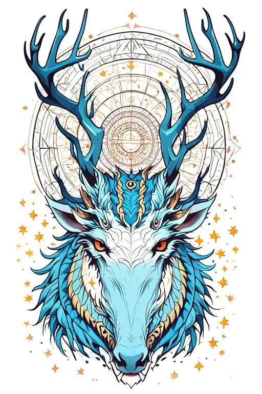 Crossover stag with Kirin blue dragon  whit dharma wheel in nature with 26 little stars tattoo design idea