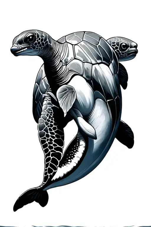 Dolphin and turtle swimming tattoo design idea