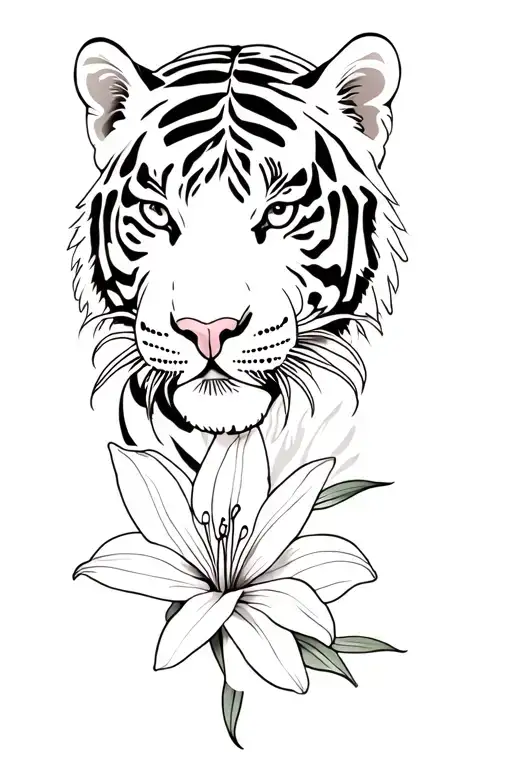tiger animal and lily flower tattoo design idea