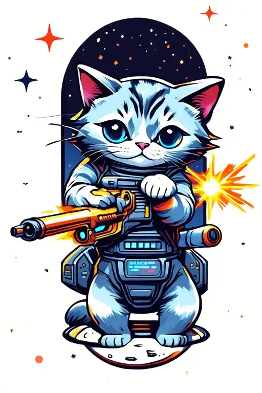  space back ground . dark back ground.  small space cat shooting a ray gun at a ufo while riding a small space ship tattoo design idea