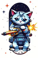  space back ground . dark back ground.  small space cat shooting a ray gun at a ufo while riding a small space ship tattoo design idea