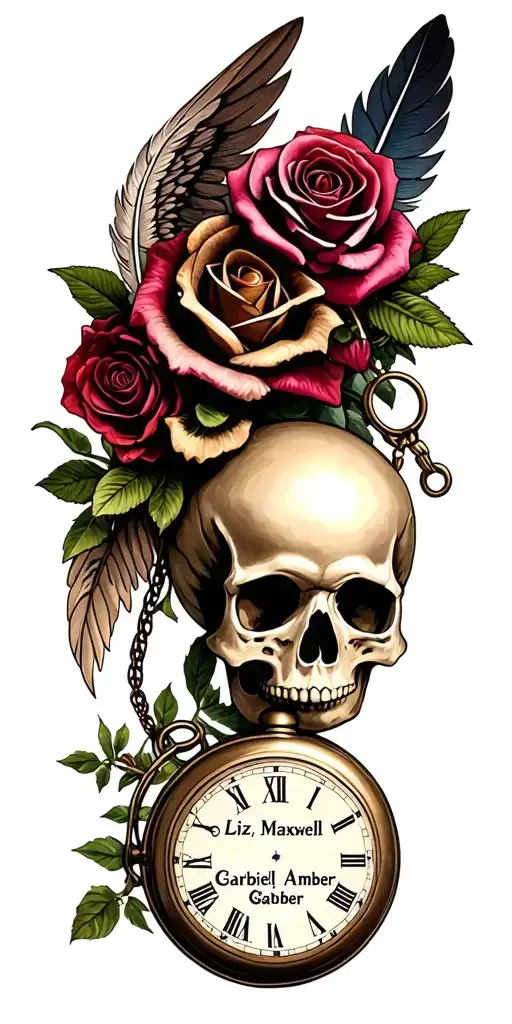 "Liz, Maxwell, Gabriel, Amber" "Liz, Maxwell, Gabriel, Amber" tree with names in an elegant, skull, pocket watch, rose, feather, angel tattoo design idea