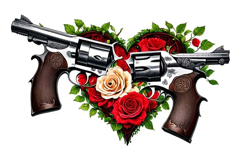 old fashioned pistols wrapped in roses and vines in shape of a heart  tattoo design idea