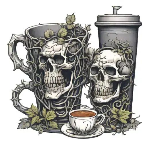 brick wall, poison ivy vines growing that lead to two cups that are held by a married couple skeleton drinking poison tattoo design idea
