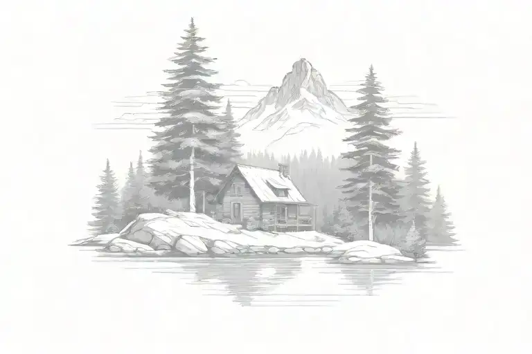 Mountain Scene mid century modern cabin tattoo design idea