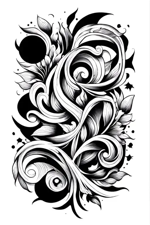 blackwork bold abstract shapes intertwined ornamental flourishes high-contrast  intricate aesthetic board raw strokes tattoo design idea