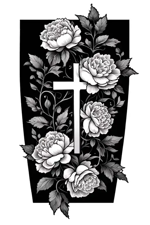 dainty cross forearm tattoo with peony wrap around vine tattoo design idea