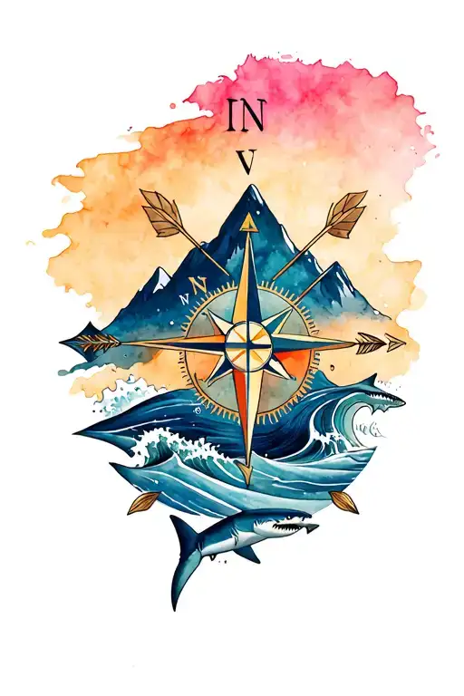 leg sleeve with compass, anchor, arrows, mountain, wave and sharks tattoo design idea