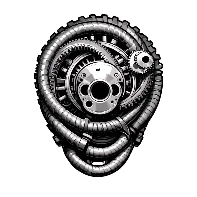 biomechanic, spiral, gears, hoses,, realistic, black and gray tattoo design idea