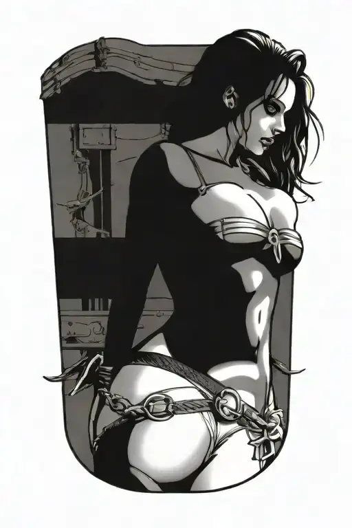 sexy woman in bondage underwear standing facing left tattoo design idea