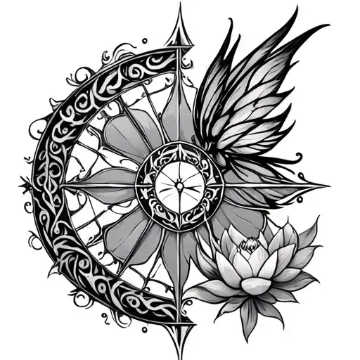 black, elegant, and ethereal Wheel of Time–inspired tattoo featuring a tribal dragon, fairy, and lotus tattoo design idea
