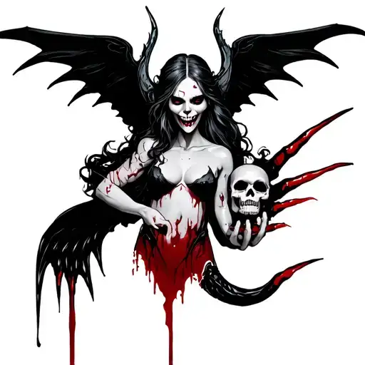 A evil deadly siren with blood and black claws and a skull in her hand tattoo design idea