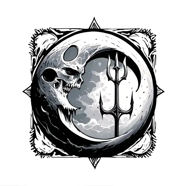 moon and trident symbol tattoo design idea