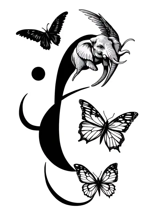 a semicolon and an elephant and a butterfly and a burning angel  tattoo design idea