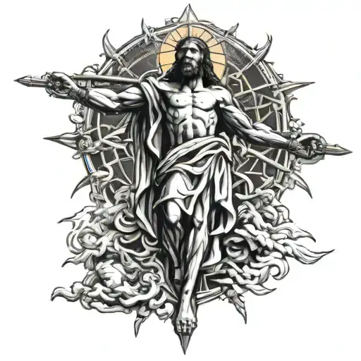 Black Jesus on a cross with a legion of angels in the air with swords in the background  tattoo design idea
