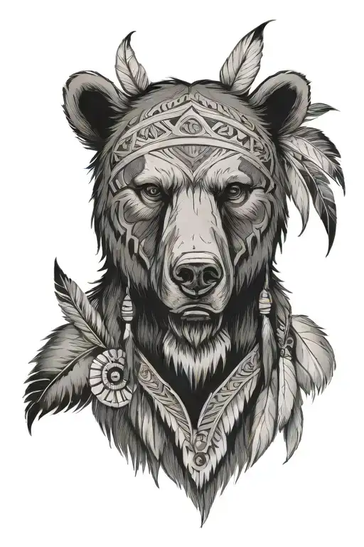 bear head on native warrior tattoo design idea