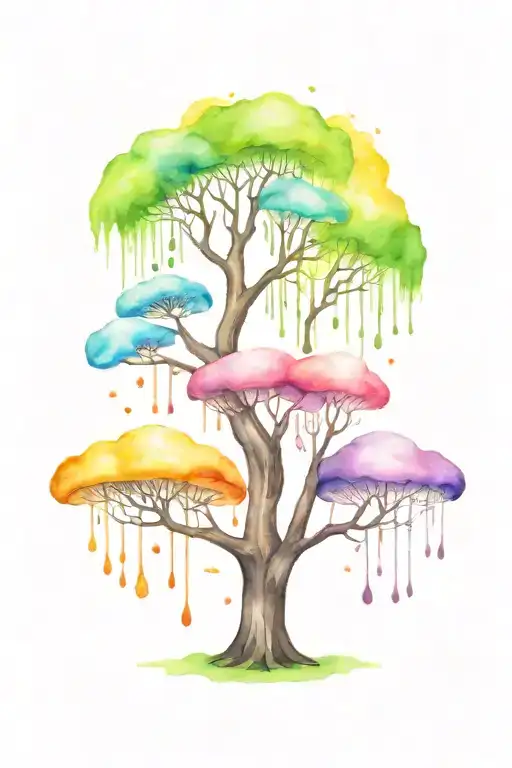 multicolour willow tree with mushrooms tattoo design idea
