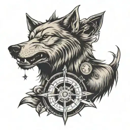 Old school style wolf in a compass with scandinavian symbols and a grin tattoo design idea