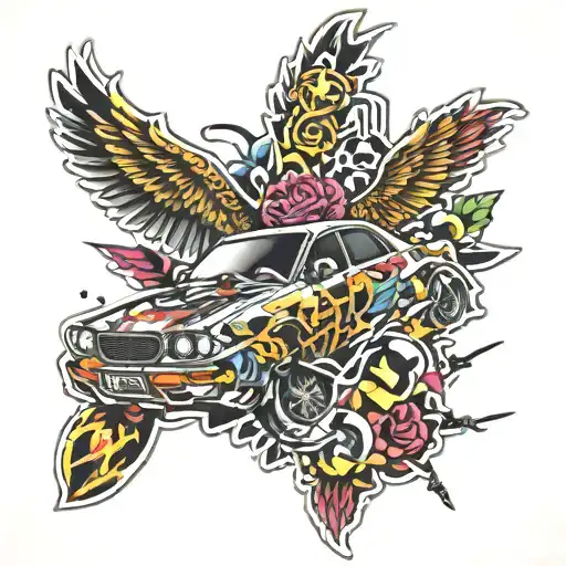 automotive sticker bomb tattoo design idea