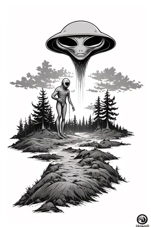 alien abduction scene in a forest landscape tattoo design idea