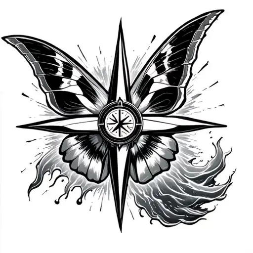 subwoofer surrounded by aurora waves and soundwaves in a body of a moth compass in the middle tattoo design idea