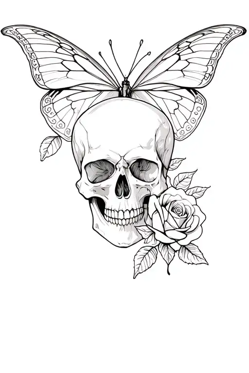 skull and rose and butterfly wing tattoo tattoo design idea