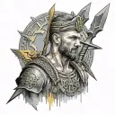 Ukrainian soldier of the armed forces of Ukraine with a trident and runes tattoo design idea