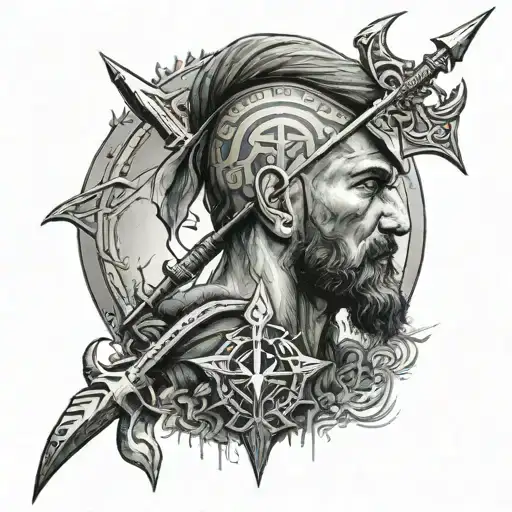 Ukrainian soldier of the armed forces of Ukraine with a trident and runes tattoo design idea