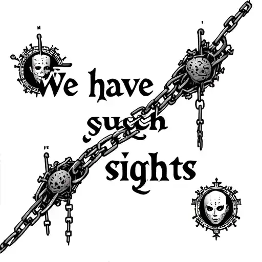 "We have such sights " Hellraiser-inspired tattoo featuring Pinhead, chains, the Lament Configuration, and Cenobites in a gothic style tattoo design idea