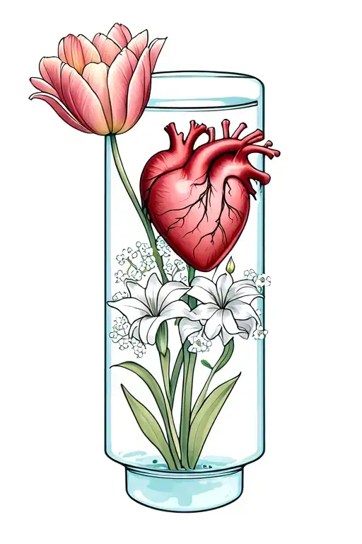 real heart with tulip baby breath and Lillie coming out the tube tattoo design idea