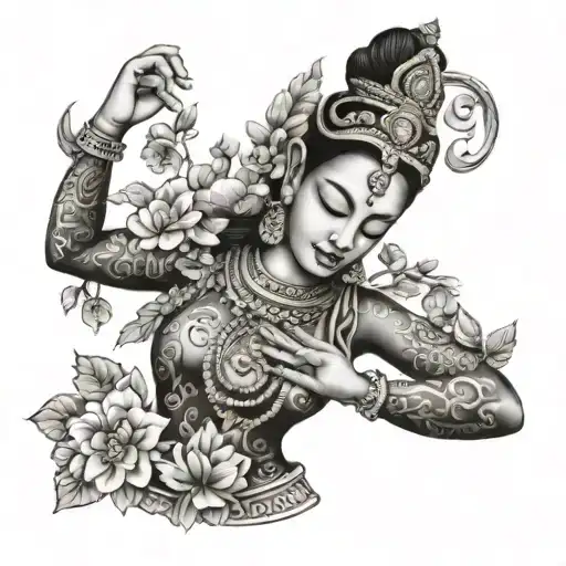 Khmer Apsara with eyes closed, holding hands in a praying position, with a floral surrounding tattoo design idea