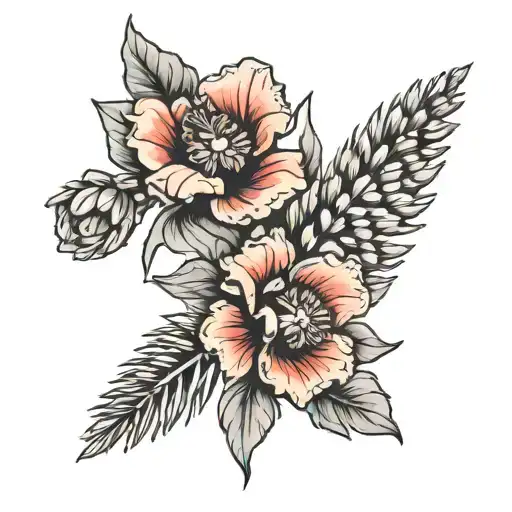 Pine cone with poppy and gladiolus black and white tattoo design idea