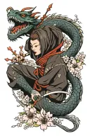 Irezumi style, featuring the coiled dragon and a female ninja with traditional weapons, along with cherry blossoms tattoo design idea