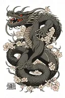 Irezumi style, featuring the coiled dragon and a female ninja with traditional weapons, along with cherry blossoms tattoo design idea