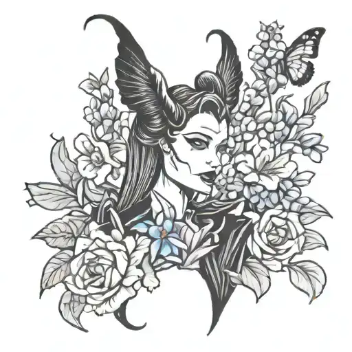 maleficent with forget me nots, tulips, marigolds, and butterflies tattoo design idea