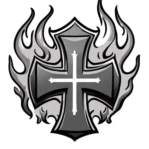 flames on abdomen curved above and below firefighter Maltese cross  tattoo design idea