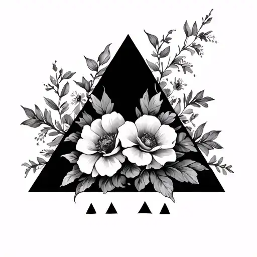 Two triangles intertwined with flowers on the side and 3 small triangles below tattoo design idea