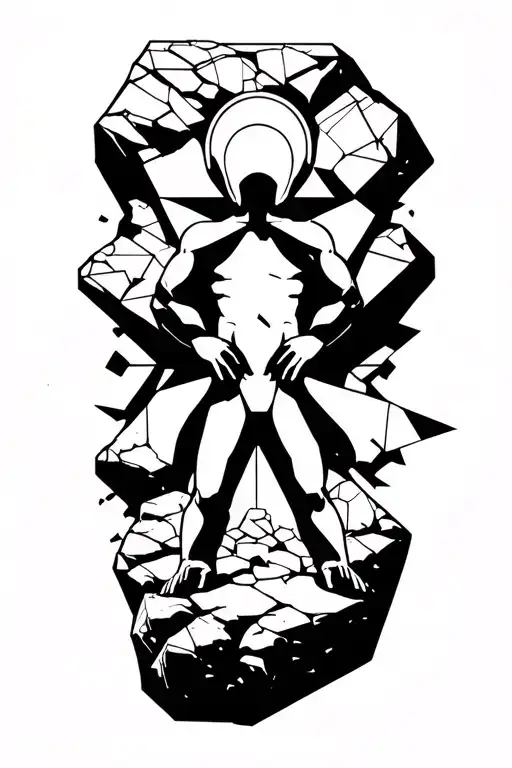 An anthropomorphic rock taking a step through a background of geometric destruction toward light. Seen from behind tattoo design idea