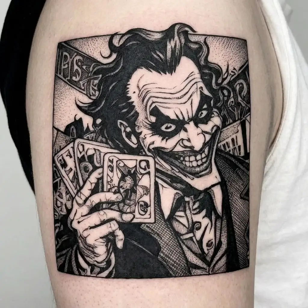 the joker from batman from the 1992 cartoon rejoicing and holding a joker card in his hand and there are notes on the ba tattoo design idea