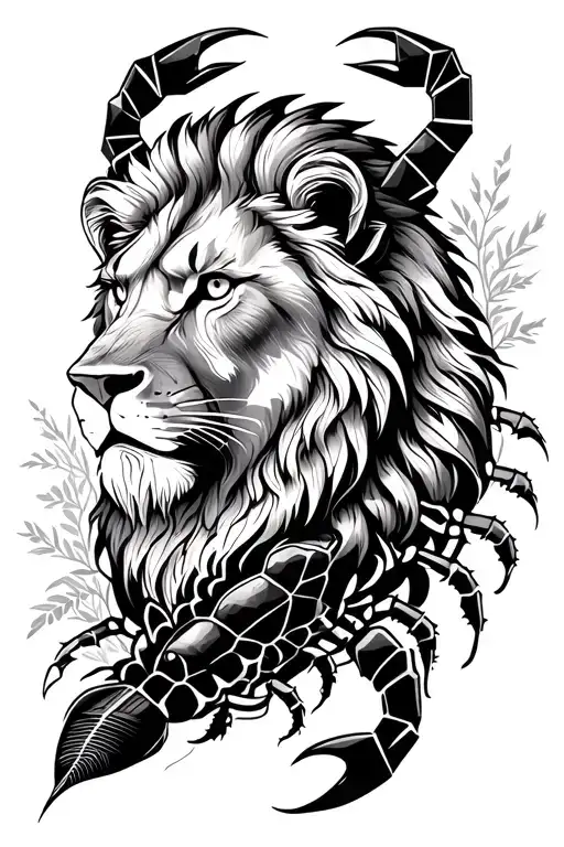 lion head with scorpion and forest tattoo design idea