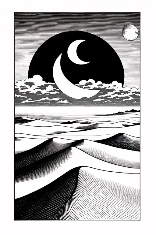 Black and white fine line work of sand dunes with the moon hanging in the sky tattoo design idea