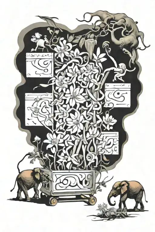 Salvador Dali painting women and flowers, elephants on long legs, woman with boxes tattoo design idea